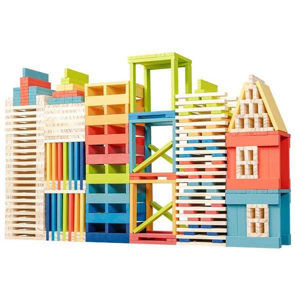 Wooden Building Blocks For Kids Planks Set Montessori Stem Playset Creative Shapes Preschool Wood Colored Dominoes Stacked