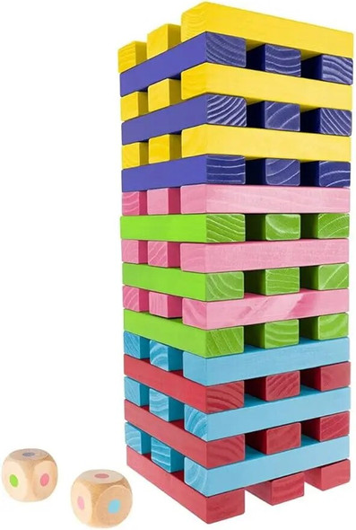 Nontraditional Giant Wooden Blocks Tower Stacking Game with Dice, Outdoor Yard Game, for Adults, Kids, Boys and Girls,Rainbow