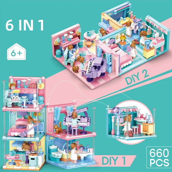 MINI Hand-Made 18 layers stacked Princess room Building Blocks Rock Band girl's kitchen piano Model toy Gift for Childs