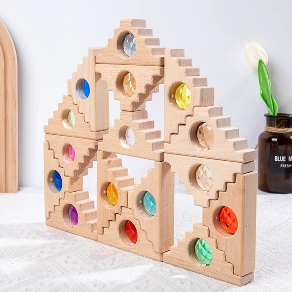 Mixed Rainbow Gem Acrylic Wooden Blocks Children Lucite Cubes Sensory Building Toys Light and Shadow Stacking Toy