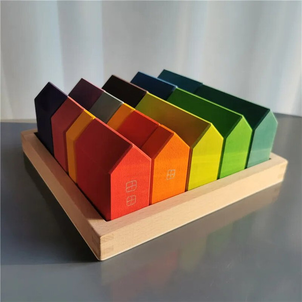 Wooden Rainbow Blocks Lime Wood Building Stacking House for Kids Creative Play