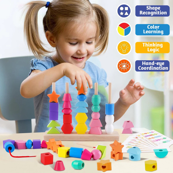 Montessori Wooden Beads Sequencing Toy Stacking Blocks & Lacing Beads & Matching Shape Stacker Montessori Learning Toys Gifts