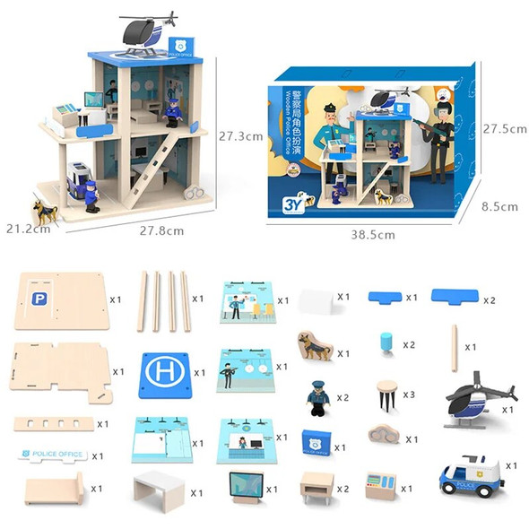 Wooden Model DIY Role Play Police Office Fire Station Boys Fire Truck Construction Building Blocks Assembled House Children Toys