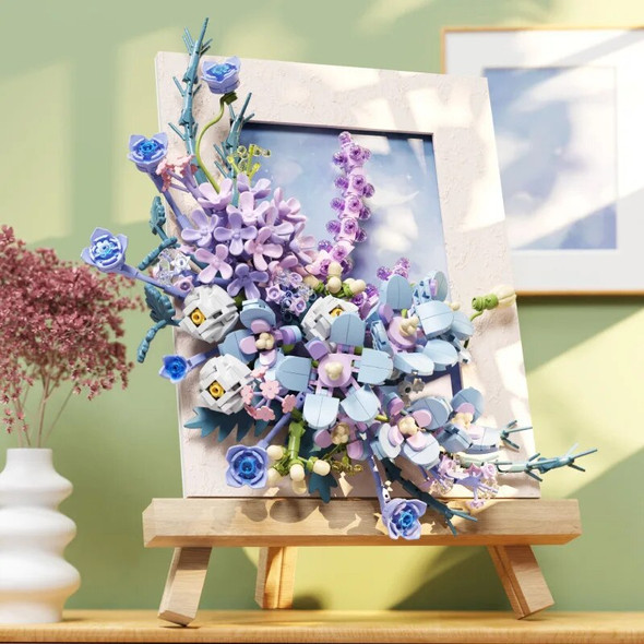 Construction Idea ART Flower 3d Painting Building Bricks With Wooden Easel Mini Block Toys For Girls Gifts Desktop Decoration