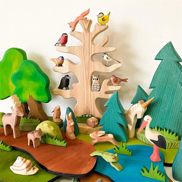 Large Handmade Wooden Bird Tree Blocks Open Ended Play Toys Playroom Decor Montessori Educational Wooden Toys for Children