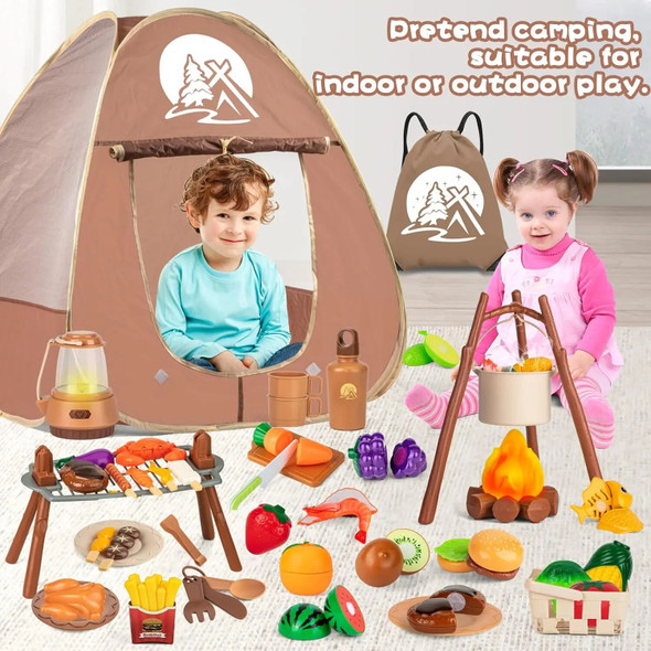 Kids Camping Toys Set with Play Tent Campfire Toys BBQ Grill Pretend Kitchen Cutting Play Food Set Outdoor Toys Gift