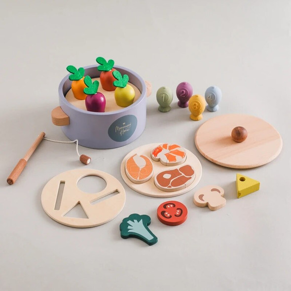 Montessori Toy Wooden Pluck Carrots Shape Paired Multifunctional Pot Toy Children Puzzle Play House Fishing Stir Frying Toy Gift