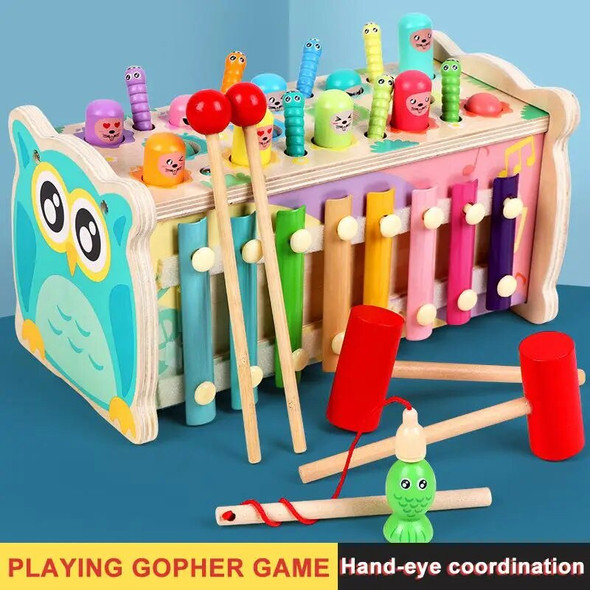 Wooden Montessori Play Whac-a-Mole Toy Kids Fishing Game Music Ducational Toy Baby 13 Months Early Learning Children's Gift Toys
