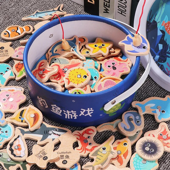 Wooden Fishing Toys For Children Magnetic Marine Life Cognition Fish Games Parent-Child Interactive Educational Toy