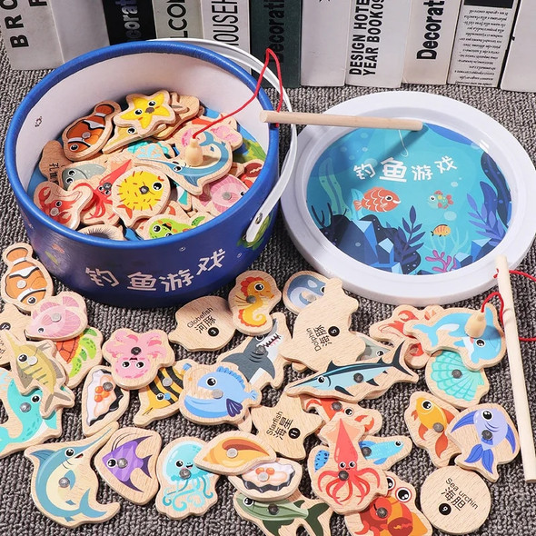 Wooden Fishing Toys For Children Magnetic Marine Life Cognition Fish Games Parent-Child Interactive Educational Toy