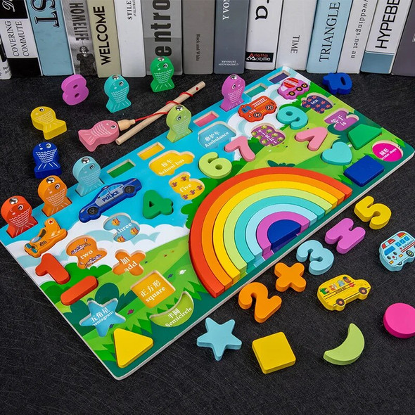 Montessori Educational Wooden Toys For Kids Rainbow Blocks Fishing Count Numbers Digital Shape Match Early Child Gift Toy