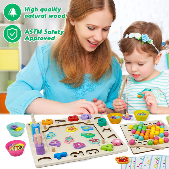 6In1 Children Montessori Toys for 3-6Y Kids Wooden Board Bead Game Color Sorting Stacking Educational Toys Magnetic Fishing Toy