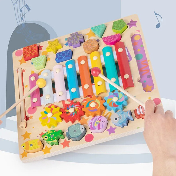 Children Busy Board Montessori Toy Wooden Fishing Xylophone Musical Instrument Educational Toy for Kids Preschool Learning Toy