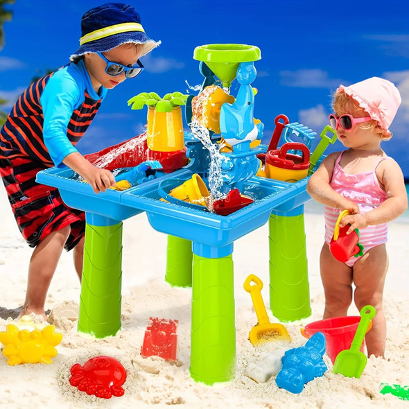 4-in-1 Sand And Water Table 15PCS Sandbox Table with Beach Sand Water Toy Kids Activity Sensory Play Table Summer Outdoor Toys