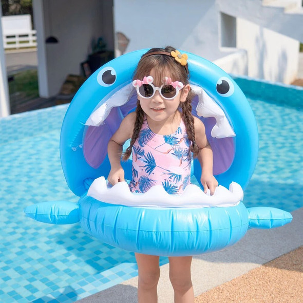 Shark Swimming Ring with Awning Sunshade Pvc Inflatable Floating Ring Baby Float Seat Swimming Ring for Kids Beach Toy