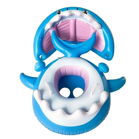 Shark Swimming Ring with Awning Sunshade Pvc Inflatable Floating Ring Baby Float Seat Swimming Ring for Kids Beach Toy