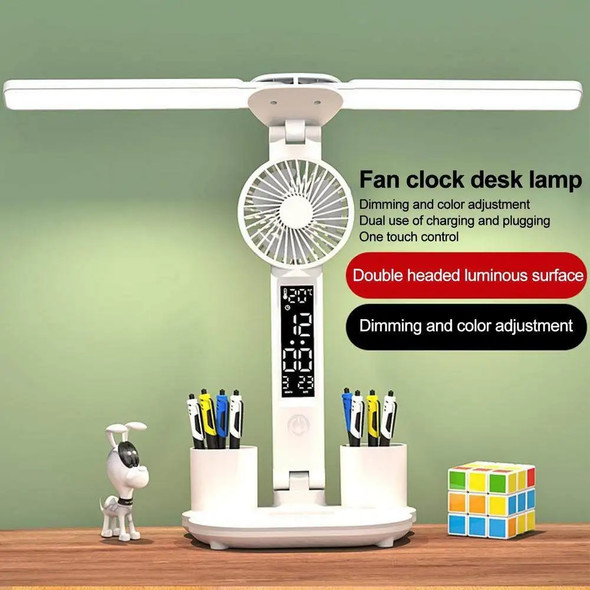Rechargeable Table Lamp for Study, Desk Lamp Reading Light Led Table Light with Fan, Led Clock Dispaly Reading Lamp