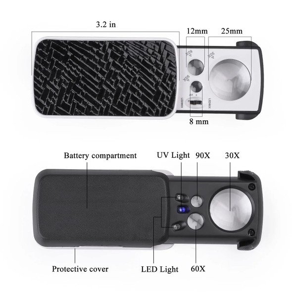 30X 60X 90X Jewelry Loupe Magnifier with LED UV Light Slide-Out Pocket Magnifying Glass Optical Lens For Diamonds Coins Stamps
