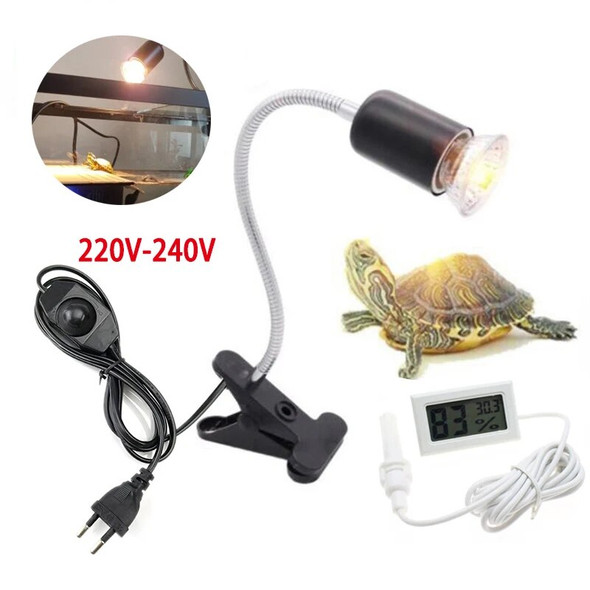 UVA+UVB Reptile Lamp Set with Clip-on Bulb Lamp Holder and Thermometer Hygrometer Turtle Tortoises Basking Heating Lamp Kit 220V