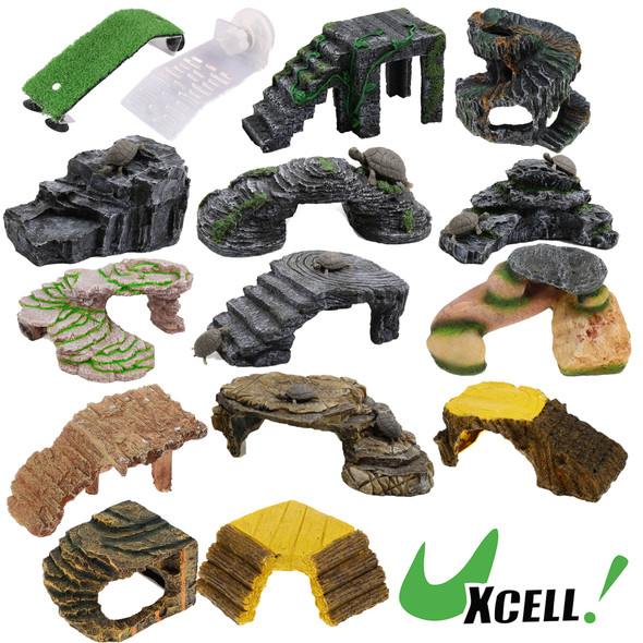 UXCELL Reptile Float Island Turtle Basking Platform Simulated Lawn Aquarium Turtle Ladder Climbing Fish Tank Habitat Accessories