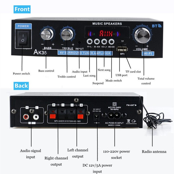 AK35/G919H 1000W Home Car Power Amplifiers 2 Channel Bluetooth