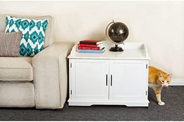 Hidden Cat Litter Box Enclosure with Pet Bed Mat, Modern Wooden Cat Furniture Fit Most of Litter Box
