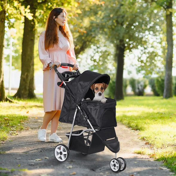 Foldable Pet Stroller for Cats and Dogs 3 Wheels Carrier Strolling Cart with Weather Cover, Storage Basket + Cup Holder