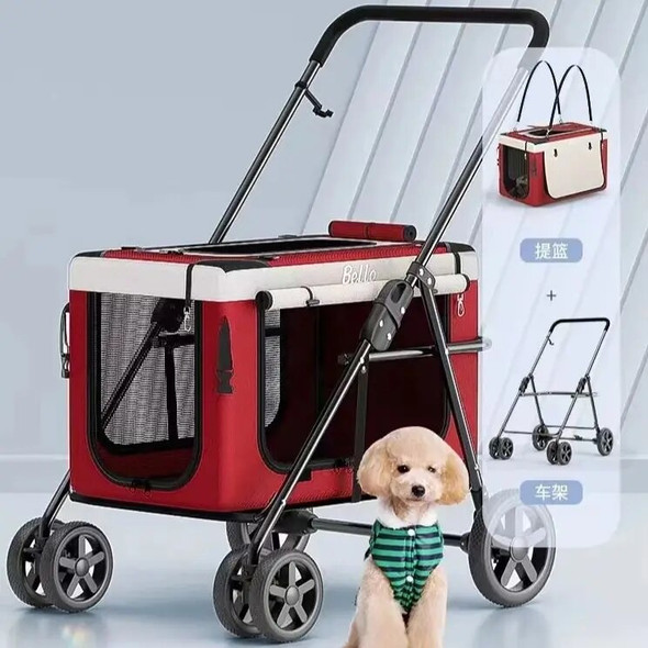 Cat Dog Pet Stroller Carrier with 4 Wheels Cart Small Dogs Rolling Cat Carrier Puppy Stroller Detachable Foldable Pet Travel Bag
