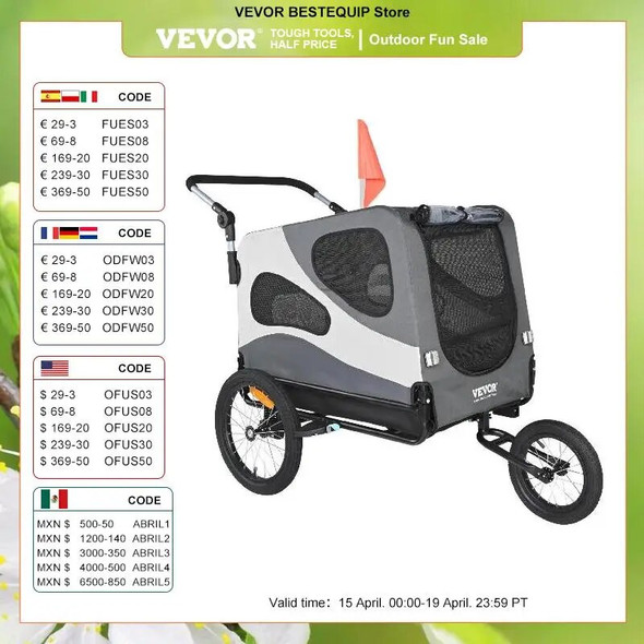 VEVOR 100 lbs Dog Bike Trailer 2-in-1 Pet Stroller Cart Easy Folding Bicycle Carrier with Coupler, Reflectors, Flag for Dogs