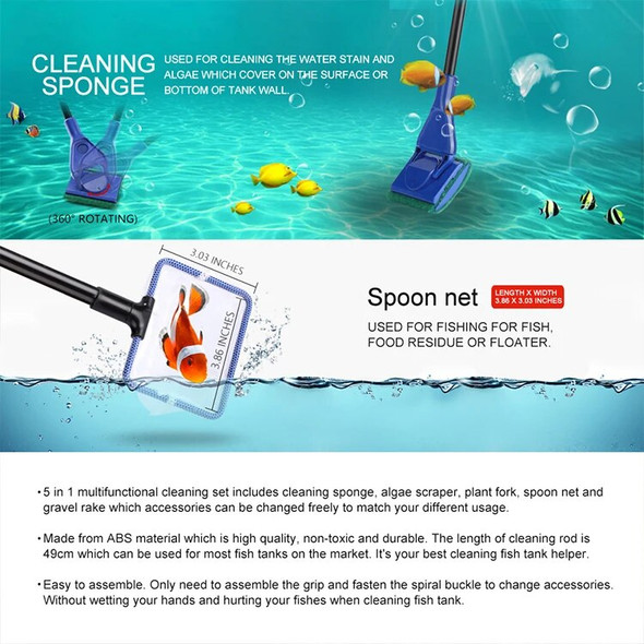 High Quality 5 In 1 Aquarium Cleaning Tools Telescopic Fish Tank Cleaner Kit Multifunctional Long Handle Fish Tank Accessories