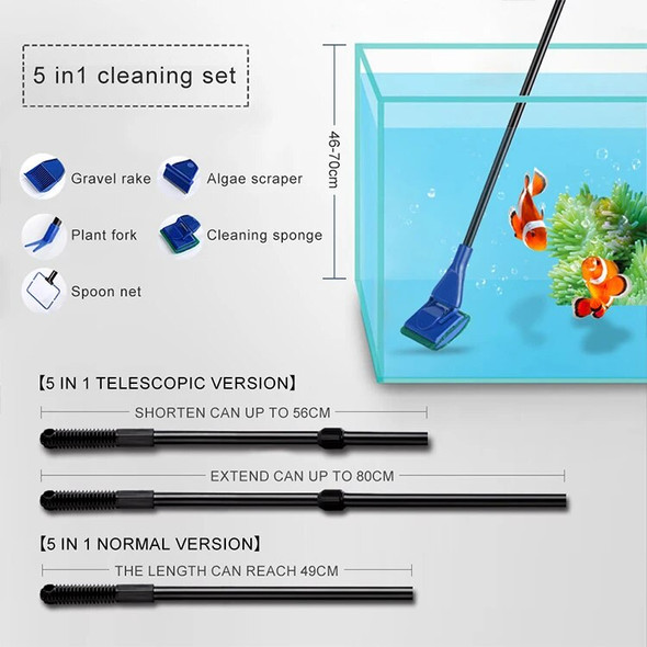 High Quality 5 In 1 Aquarium Cleaning Tools Telescopic Fish Tank Cleaner Kit Multifunctional Long Handle Fish Tank Accessories