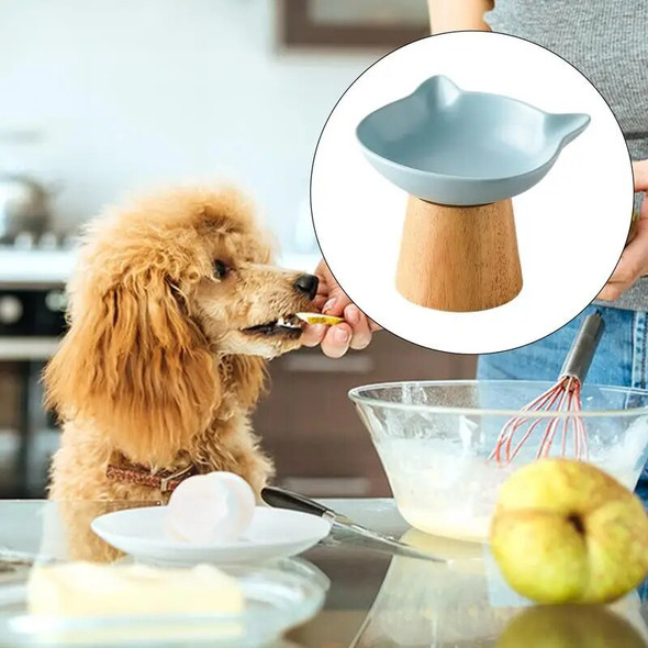 Ceramic Cat Food Bowls Elevated Food Feeder Bowl With Non-slip Wood Stand Wide Cat Food Bowl Feeding Watering Supplies