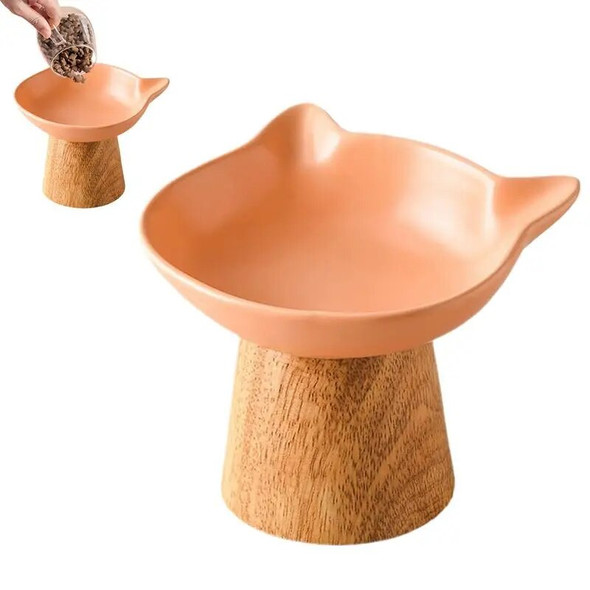 Elevated Cat Food Bowl Porcelain Feeder Dish With Non-slip Wood Stand Wide Cat Food Bowl Feeding Watering Supplies