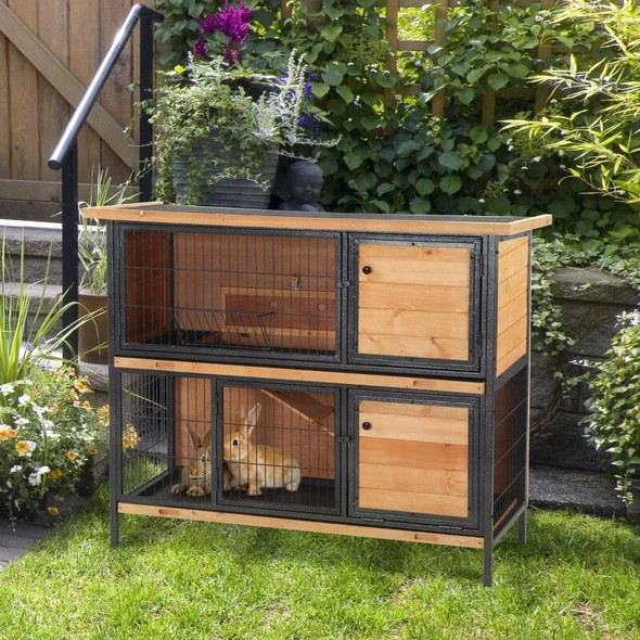 Floor Large Rabbit Hutch Wooden Pet House Metal Frame Small Animal Habitat with Ramp Feeding Trough Lockable Doors Run