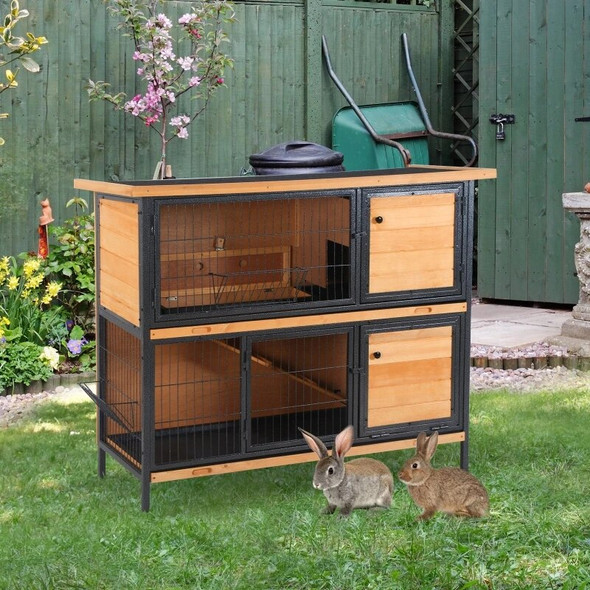 Floor Large Rabbit Hutch Wooden Pet House Metal Frame Small Animal Habitat with Ramp Feeding Trough Lockable Doors Run