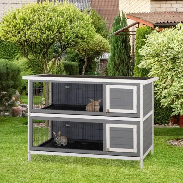 PawHut 54" 2-Story Large Rabbit Hutch Bunny Cage Wooden Pet House Small Animal Habitat with No Leak Tray and waterproof Roof