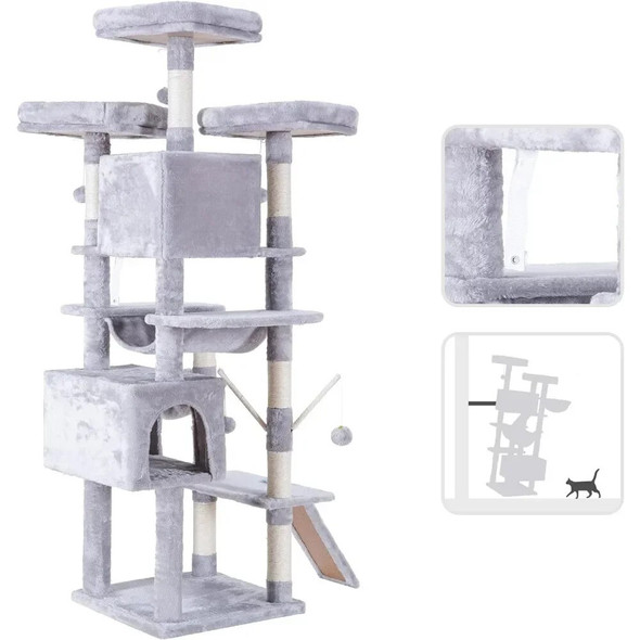 Indoor Cat Tower, Multi Story Cat House With 3 Soft Cushioned Habitats, 2 Pet Apartments And Grab Pillars, Cat Pillars