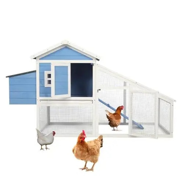 US Warehouse 69" Wooden Chicken Hutch Hen Coop Habitat Pigeon House with Egg Case & Tray & Running Cage Blue Part B Living House