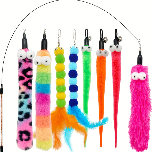 9 PCS Cat Wand Toy Cat Feather Toys Interactive Cat Toys Worm for Indoor Cats