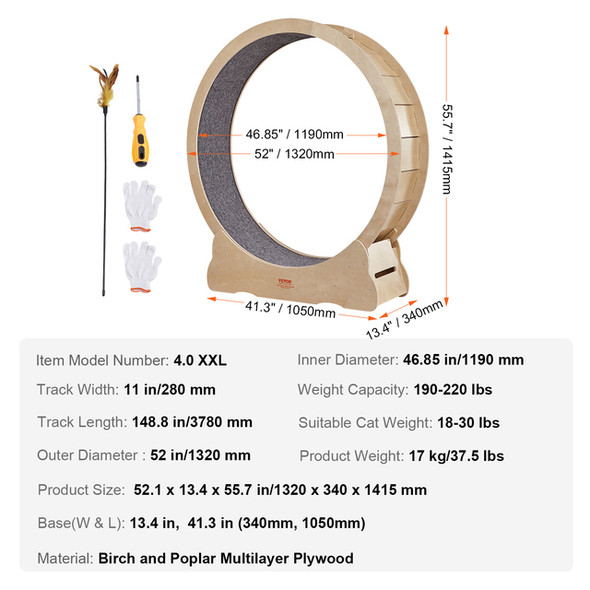 VEVOR Cat Exercise Wheel Large Cat Treadmill Wheel with Detachable Carpet and Cat Teaser for Most Cats Running/Walking/Training