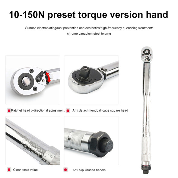 1/2 Square Drive Torque Wrench 10-150N.m Spanner Hand Tool Accuracy 4% Preset Bicycle Torques Key Car Bike Repair Hand Tools