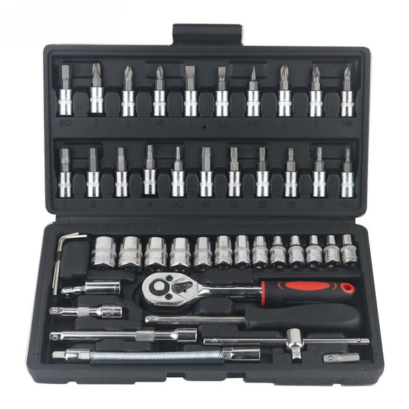 46pcs Car Repair Tool Kit with Case 1/4 Inch Drive Socket Ratchet Torque Wrench Set Screwdriver Bit Quick Spanner Hand Tools