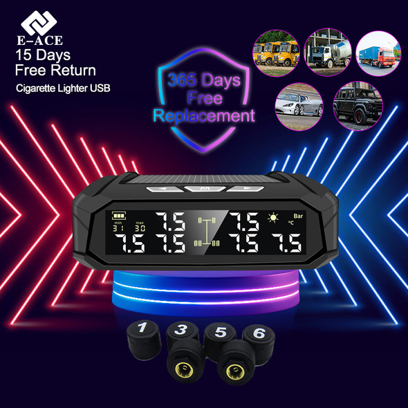 E-ACE Solar TPMS Car Tire Pressure Monitoring System Tyre Temp Digital Display Auto Security Alarm USB Charging with 6 sensors