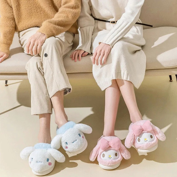Sanrio Plush Slippers Women My Melody Kawaii Anime Cinnamoroll Cotton Shoes Flat Autumn Winter Keep Warm Non-Slip Cute Girl Gift
