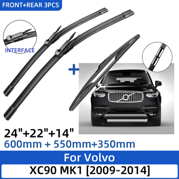 For Volvo XC90 MK1 2009-2014 24"+22"+14" Front Rear Wiper Blades Windshield Windscreen Window Cutter Accessories 2012 2013 2014