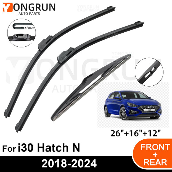 3PCS Car Wiper for Hyundai i30 Hatch N 2018-2024 Front Rear Windshield Windscreen Wiper Blade Rubber Accessories