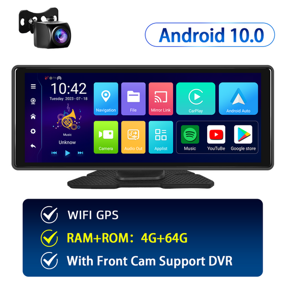 Podofo 10.26inch Car DVR For Android 4+64G Carplay Monitor Android Auto Dash Cam WIFI GPS Navigation Dashboard Recorder