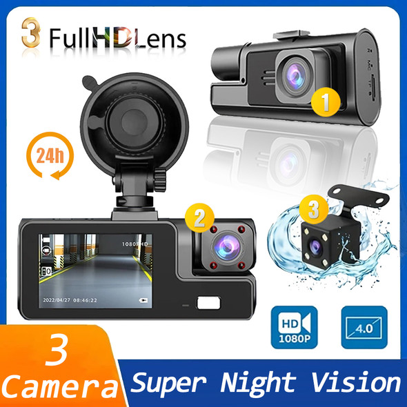 3 Channel Dash Cam Rear View Camera W/ IR Night Vision Loop Recording & 3" IPS Screen 1080P 3 Camera Car DVR car accessory