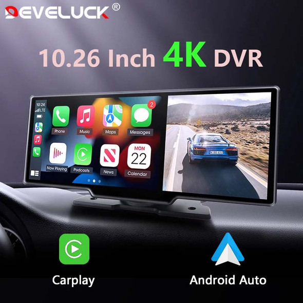 10.26" Car DVR Carplay Android Auto Dashcam 4K 3840*2160 Front and 1080P Rear Camera Voice Control GPS Wifi Recorder Dual lens