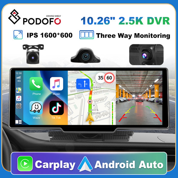 Podofo 10'' Dash Cam Rearview Camera Carplay & Android Auto 2.5K Video DVR Navigation Recorder Dashboard Car Mirror 24H Park AUX